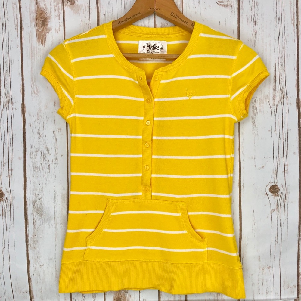 Justice Yellow White Stripes Henley Knit Shirt Top